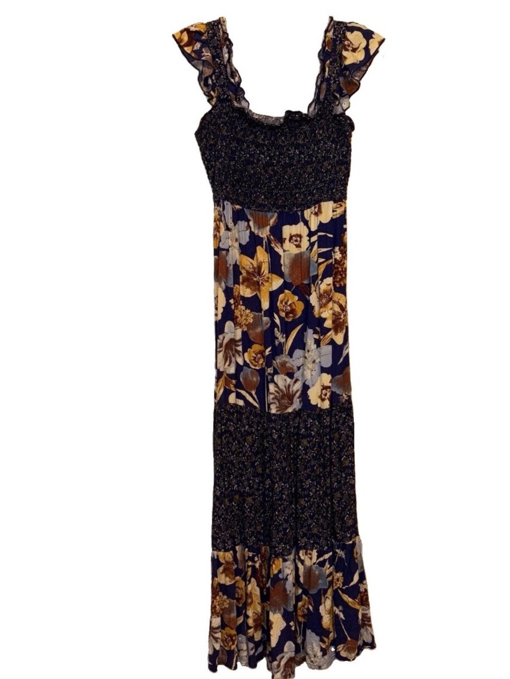 Maurices Navy Floral Tiered Maxi Dress with Brown Accents
